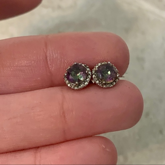 Lesa Michele Cubic Zirconia Rainbow Topaz Halo Stud Earrings - Picture 9 of 13